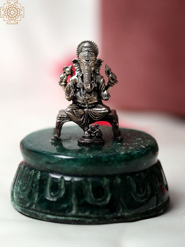 2" Small .999 Silver Ganesha Seated on Pedestal with Green Aventurine Gemstone Base | With Gift Box