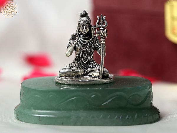 Silver Blessing Shiva on Light Green Aventurine Gemstone with Gift Box