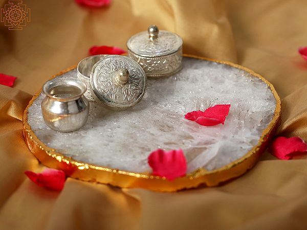 Clear Quartz Plate with Kumkum Box and Gangajali | with Gift Box
