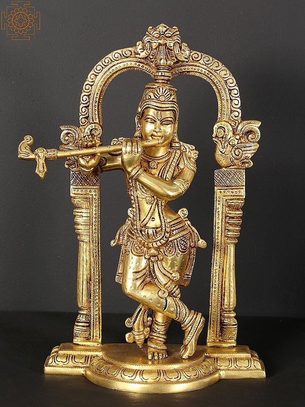 13" Tribhanga Murari (Krishna) Brass Statue Playing Flute With Kirtimukha Arch