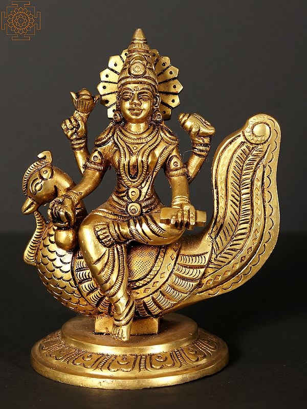 5" Small Goddess Gayatri Statue in Brass Seated on Swan