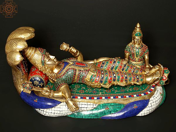 23" Shesha-Shayi Lord Vishnu Brass Statue with Inlay Work