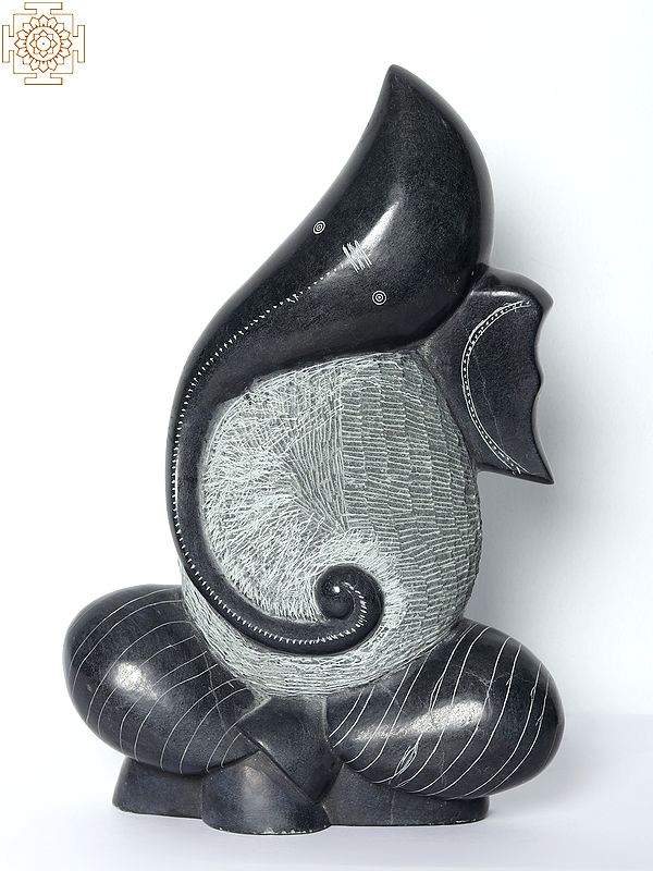 14" Stylized Black Stone Ganesha Idol | Modern Art Sculpture