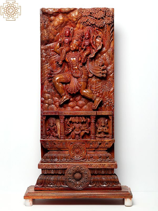 38" Superfine Wooden Carved Lord Hanuman Carrying Lord Rama and Lakshaman on His Shoulder | Award Winning Sculpture