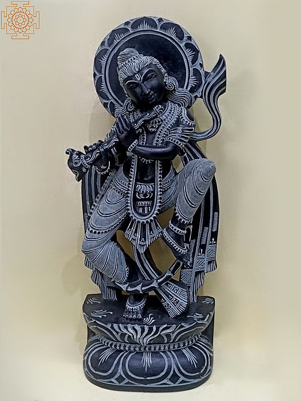 12" Dancing Lord Krishna Statue Playing Flute | Black Mahabalipuram Stone