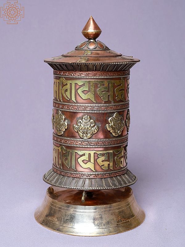 8" 2 Lines Auspicious Mantra Ashtamangala Table Mane (Prayer Wheel) | Made In Nepal