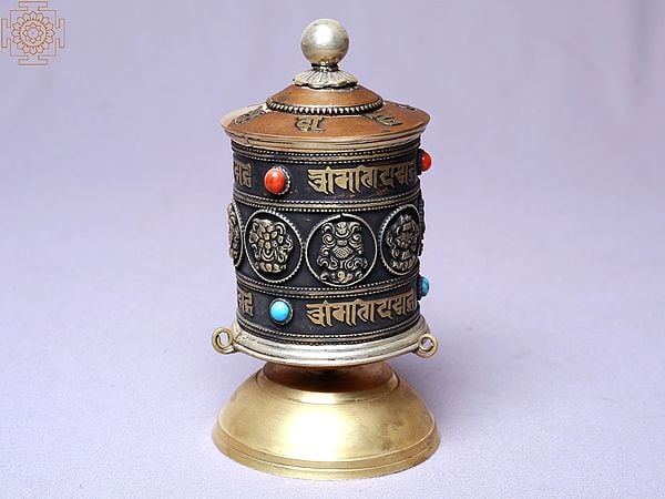 6" Ring Ashtamangala with 2 Lines Mantra Table Prayer Wheel | Made In Nepal
