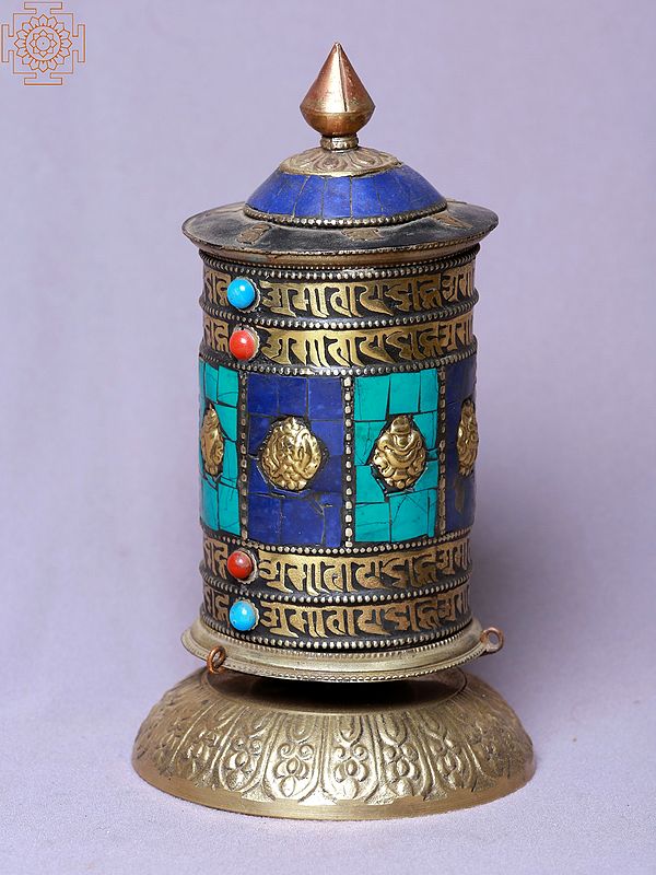 8" Ashtamangala Spinning Prayer Wheel with Stone Work | Made In Nepal