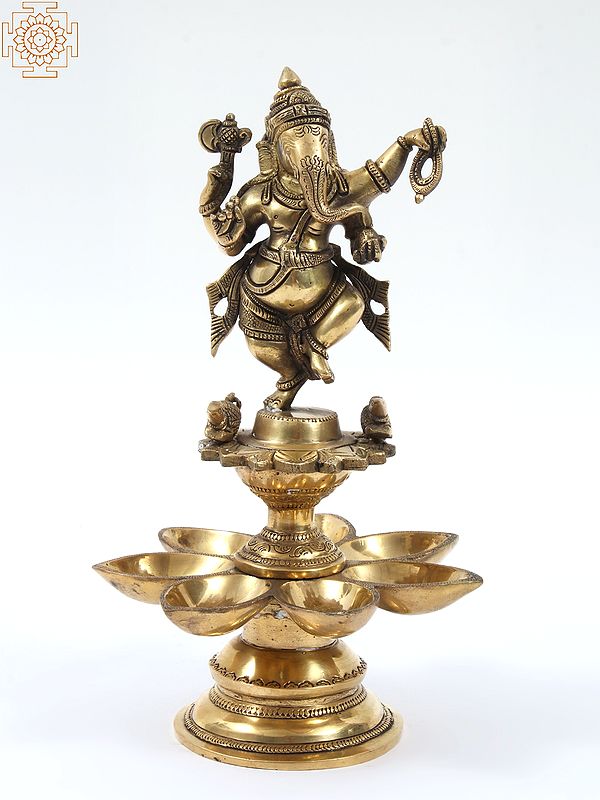12" Brass Nritya Ganesha Statue on Seven Wicks Oil Lamp