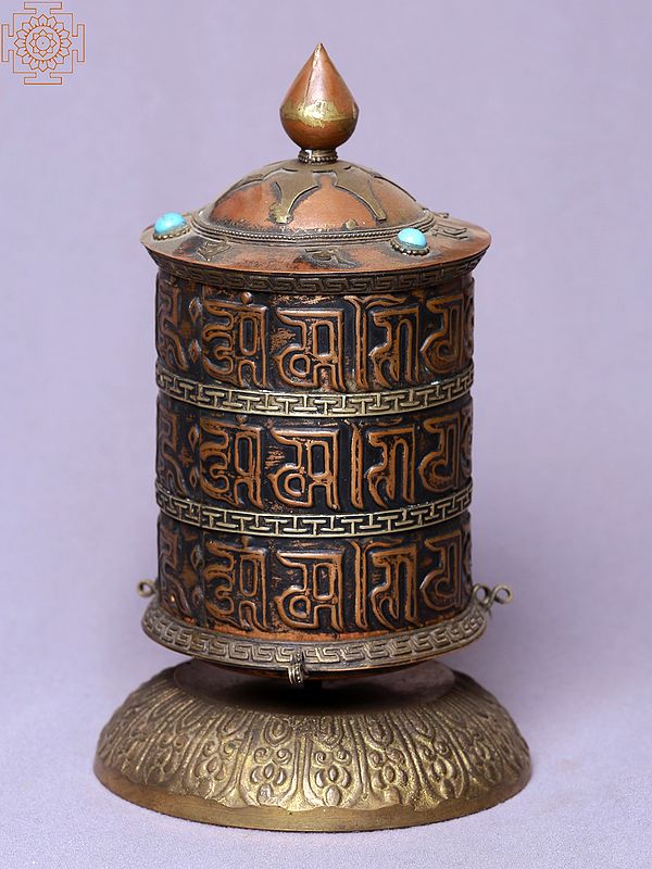 7" Three Lines Auspicious Mantra Table Prayer Wheel | Made In Nepal