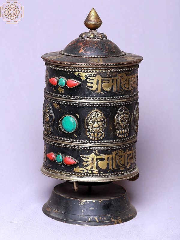 10" Two Lines Mantra Ashtamangala Spinning Prayer Wheel | Made In Nepal