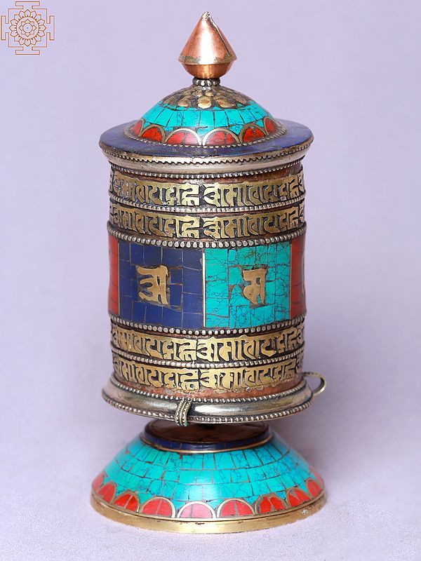 6" Four Lines Mantra Stone Setting Mane/Prayer Wheel | Made In Nepal