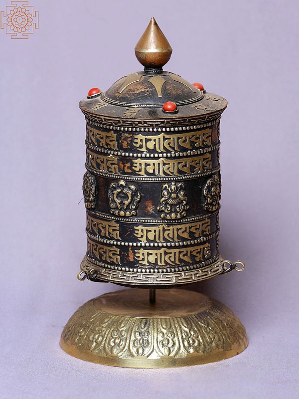 7" Four Lines Mantra Ashtamangala Copper Prayer Wheel | Made In Nepal