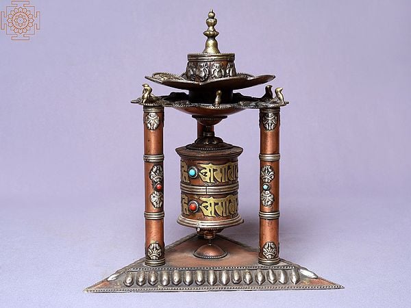 9" Three Pillar Triangle Copper Incense Burner Prayer Wheel (Mane) | Made In Nepal