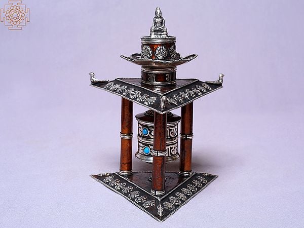7" Silver Plated Copper 3 Pillars Mane/Prayer Wheel | Made In Nepal