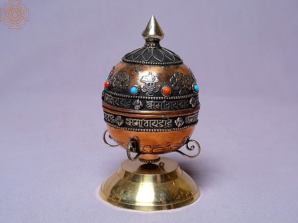 6" Two Lines Mantra Ashtamangala Ball Table Mane/Prayer Wheel | Made In Nepal