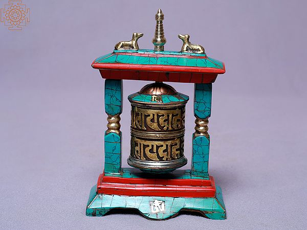 5" Two Pillars Stone Setting Table Prayer Wheel | Made In Nepal