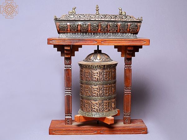 18" Wooden 2 Pillars Extra Fine Copper Mane/Prayer Wheel With Incense Burner