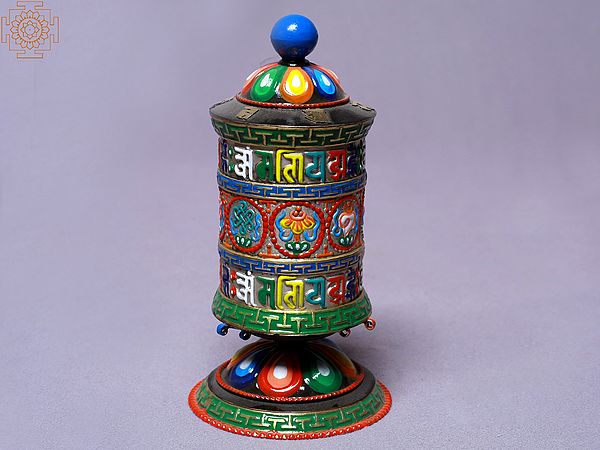 5" Colorful Ashtamangala 2 Lines Mantra Prayer Wheel