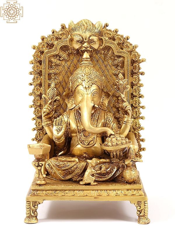 12" Chaturbhuja Ganesha Statue Seated on Kirtimukha Throne