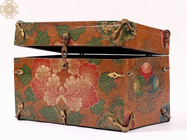 9" Wooden Tibetan Buddhist Handpainted Storage Box