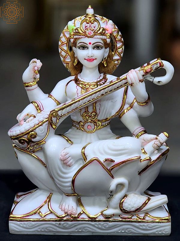 15" Sitting Goddess Saraswati Statue in Vietnam Marble