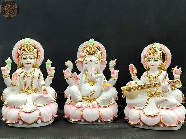 12" Ganesha, Lakshmi and Saraswati Seated on Lotus