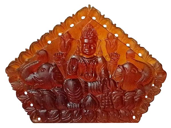 Goddess Gajalakshmi Statue Carved in Gomed (Hessonite) Gemstone