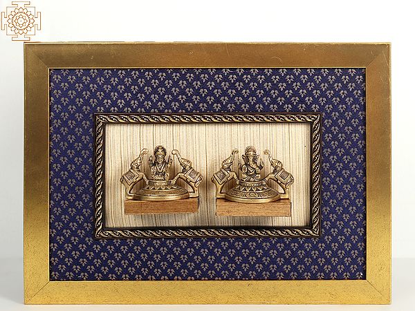 Brass Gajalakshmi and Gaja Ganesha Idol with Wooden Frame