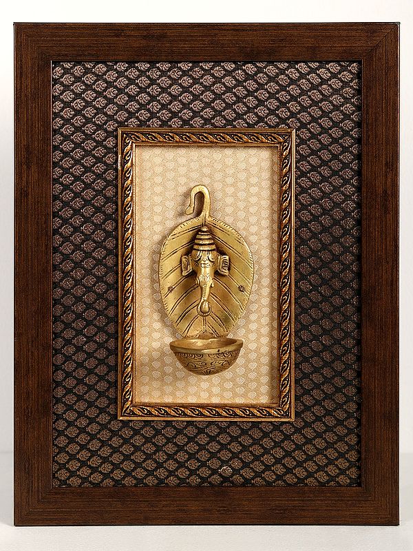 Wooden Framed Leaf Ganesha with Diya | Wall Hanging Decor