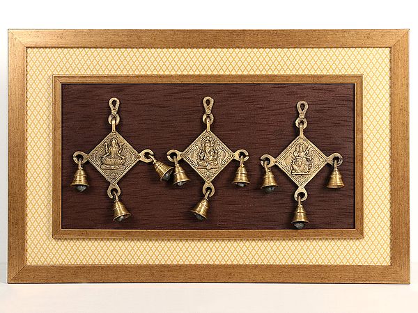 17" Lakshmi, Ganesha and Saraswati with Bells in Brass | Wooden Wall Hanging Frame