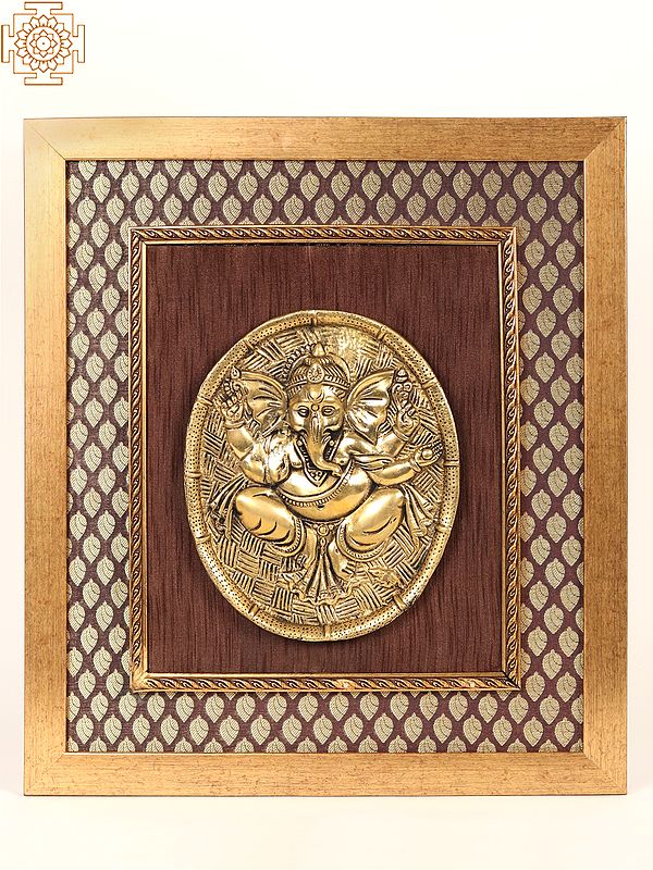 Wooden Framed Blessing Ganesha Plate In Brass | Wall Hanging