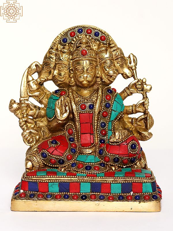 6" Lord Panchamukhi Hanuman Brass Sculpture with Inlay Work