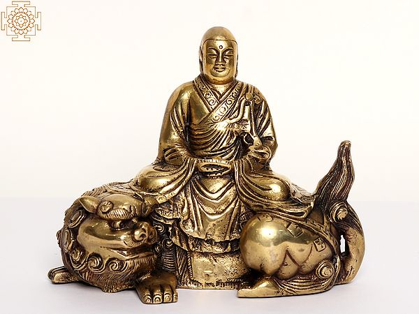 9" Meditating Buddha Statue Seated on Lion | Brass Sculpture