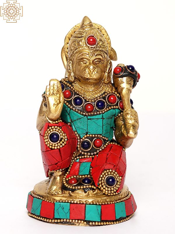 5" Lord Bajrangbali Sculpture in Brass with Inlay Work