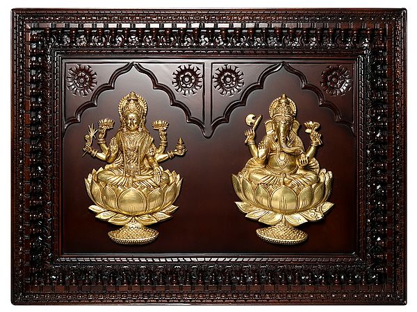 48" Brass Blessing Lakshmi Ganesha On Wood | Wall Hanging