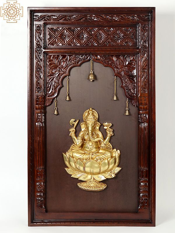 47" Lord Ganesha Seated On Lotus in Brass | Wooden Wall Hanging Frame