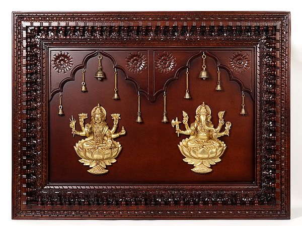 48" Ganesha and Lakshmi in Brass | Wooden Wall Hanging Frame