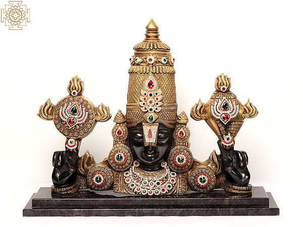 22" Brass Tirupati Balaji (Venkateshwara) Bust on Granite Base with Stone Work