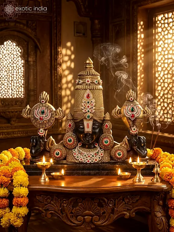 22" Brass Tirupati Balaji (Venkateshwara) Bust on Granite Base with Stone Work