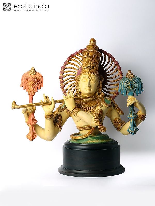 18" Brass Chaturbhuja Venugopal (Krishna) Bust on Wooden Base