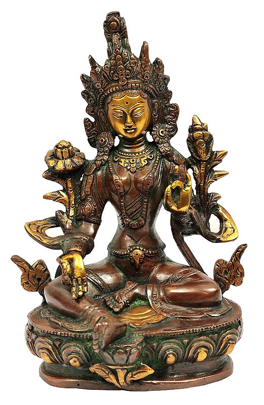 8" Tibetan Buddhist Savior Goddess Green Tara In Brass | Handmade | Made In India