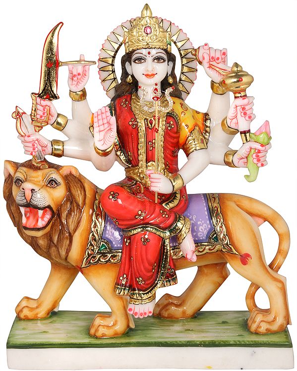 Goddess Durga Seated on Lion Wearing a Red Sari