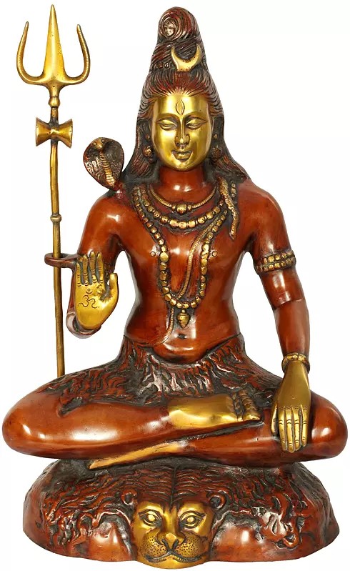 22" Shiva Engaged in Penance: Yoga-Dakshina-Murti Brass Sculpture | Handmade Indian Art