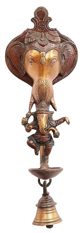 11" Elephant Wall Hanging Lamp and Bell with Dancing Ganesha In Brass | Handmade | Made In India