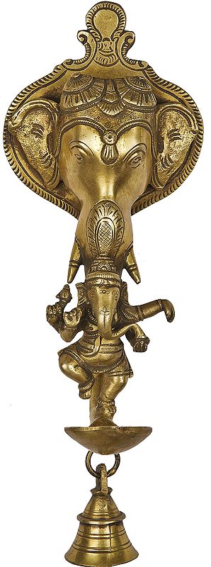 11" Elephant Wall Hanging Lamp and Bell with Dancing Ganesha In Brass | Handmade | Made In India