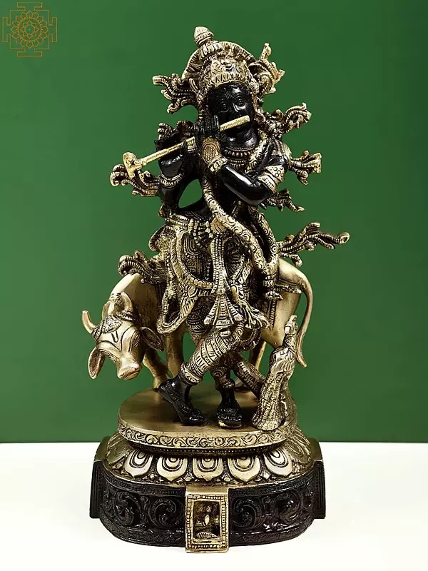 12" Venugopala (Fluting Krishna with His Cow) In Brass | Handmade | Made In India