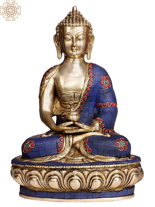 13" Lord Buddha with Pinda-Patra (with Superfine Inlay Work) In Brass