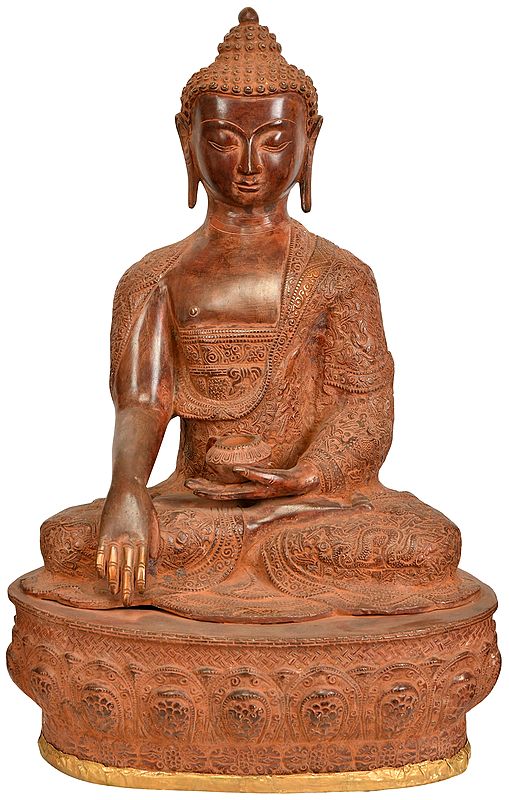 21" Lord Buddha in Bhumisparsha Mudra (Robes Decorated with Auspicious Symbols, Dharmachakra, Deers,  Birds and Dragons etc.) In Brass | Handmade | Made In India