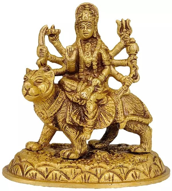 Small Brass Goddess Durga Seated on Lion
